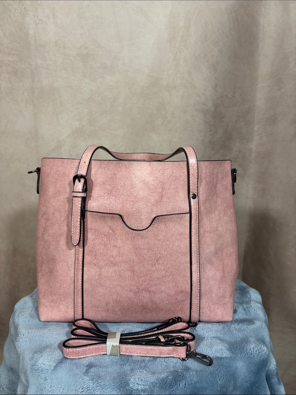Women's Pink Faux Leather Tote Bag with strap attachment